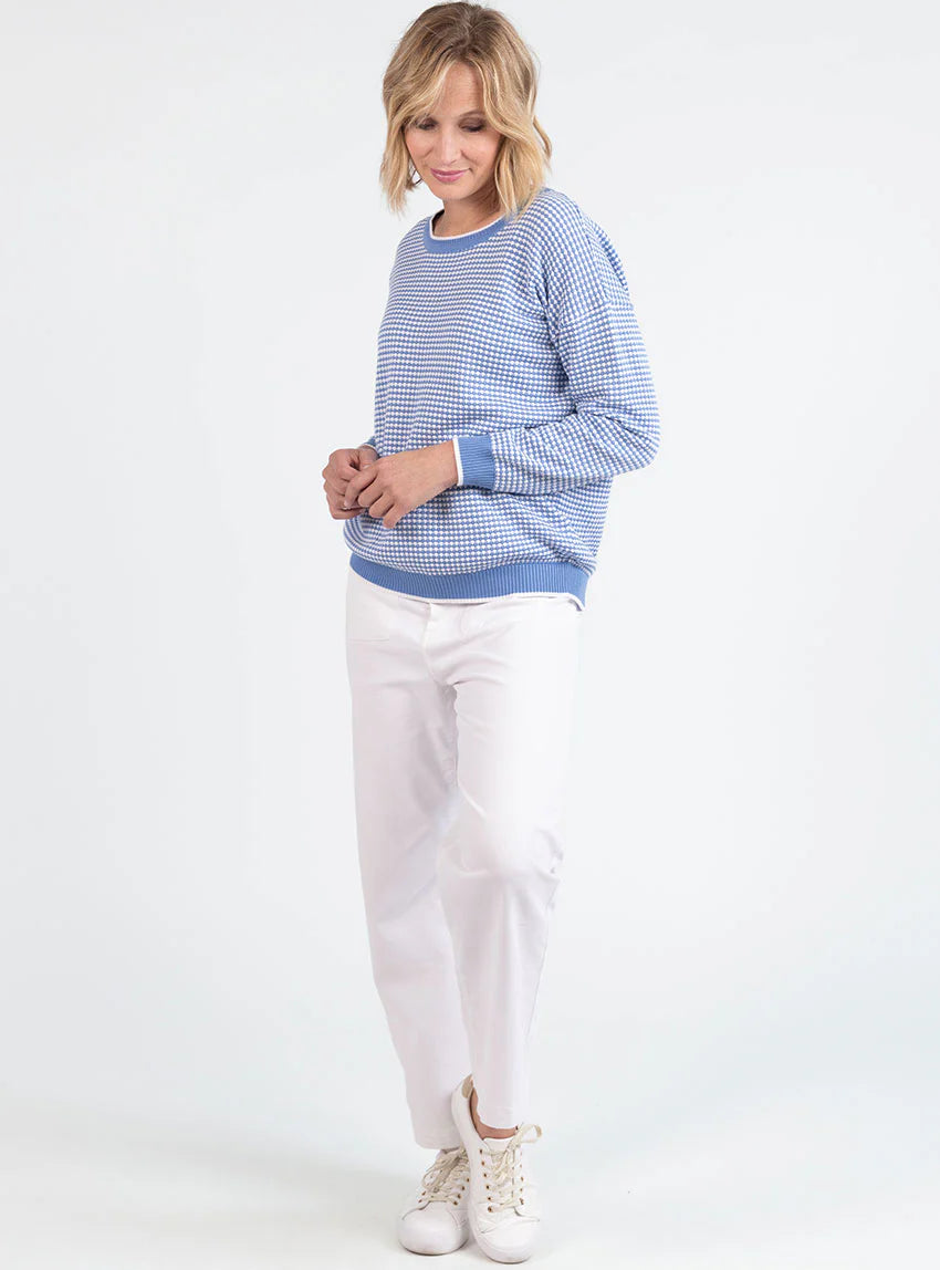 Pull femme bicolore en coton bleu pervenche esprit vichy