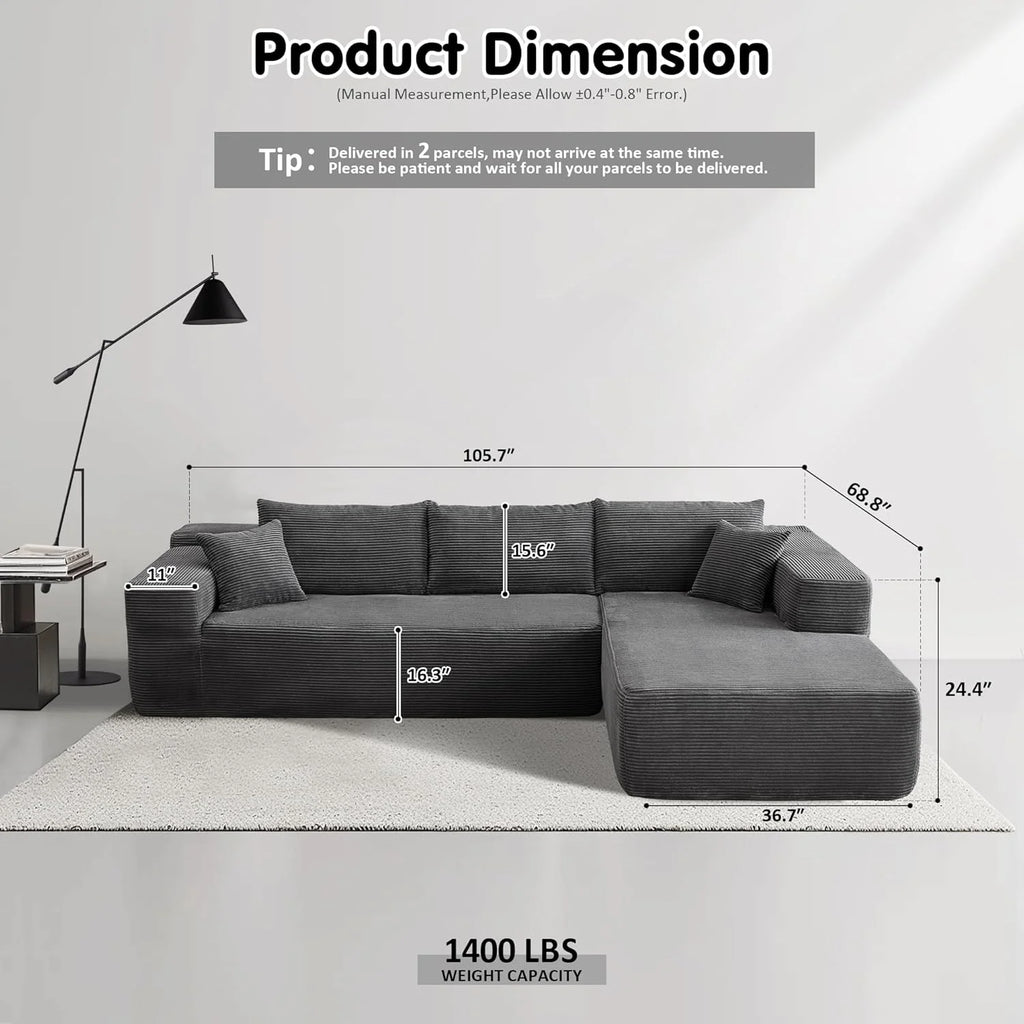 ovios 104 Cloud Sectional Couch with L-Shape Chaise,Modern Modular Sofa with Deep Seat, Upholstered Couches for Living Room Bedroom,No Assembly Required, Grey (Plush Corduroy Fabric)