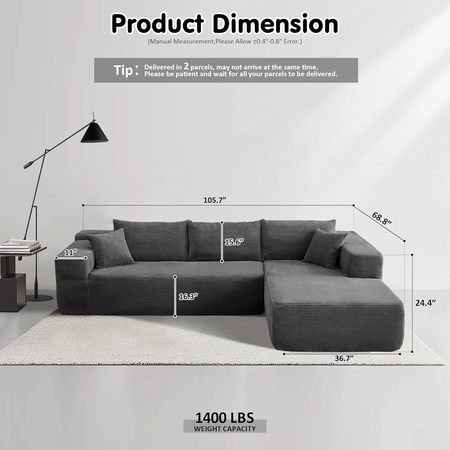 ovios 104 Cloud Sectional Couch with L-Shape Chaise,Modern Modular Sofa with Deep Seat, Upholstered Couches for Living Room Bedroom,No Assembly Required, Grey (Plush Corduroy Fabric)