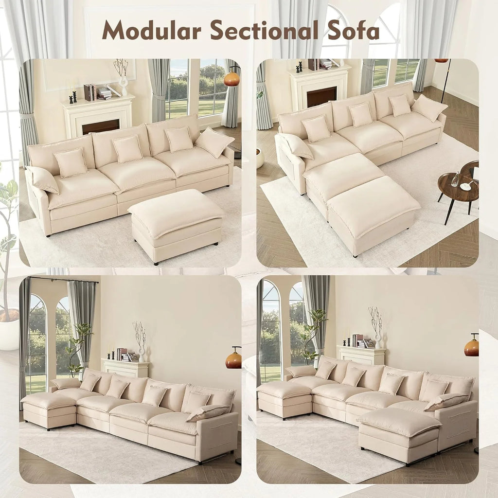 108 U Shaped Couch, Modular Sectional Sofa, 3-Seater Comfy Cloud Couch with Movable Ottoman, Deep Seat Couches for Living Room, Chenille, Slate