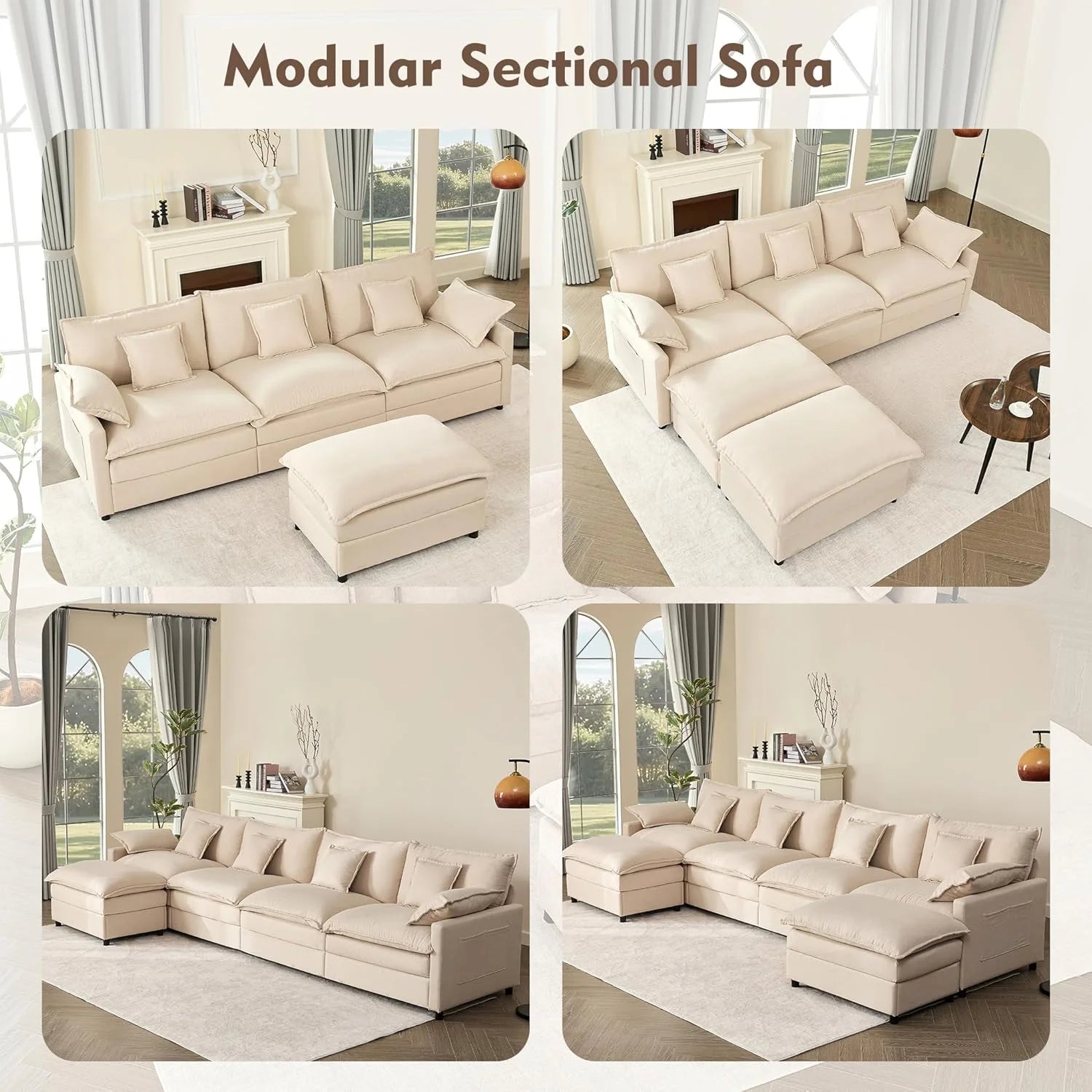 108 U Shaped Couch, Modular Sectional Sofa, 3-Seater Comfy Cloud Couch with Movable Ottoman, Deep Seat Couches for Living Room, Chenille, Slate
