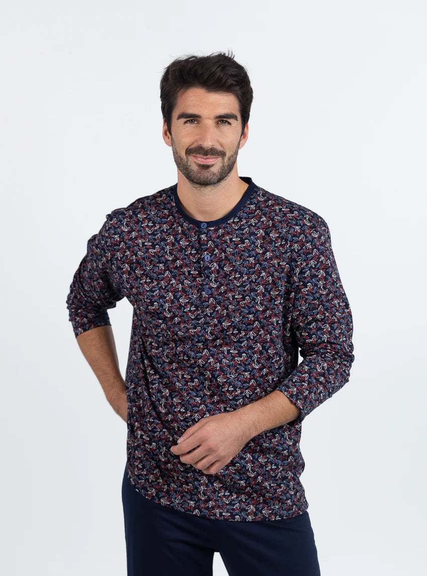 Pyjama homme en coton  imprimé feuilles rouges
