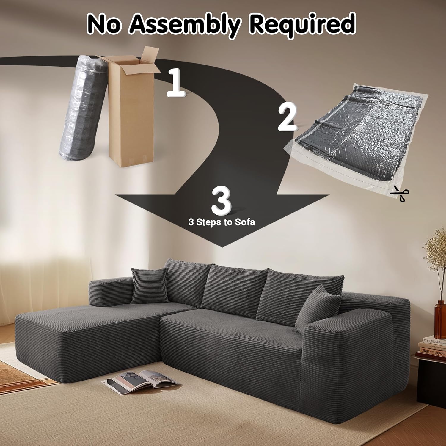 ovios 104 Cloud Sectional Couch with L-Shape Chaise,Modern Modular Sofa with Deep Seat, Upholstered Couches for Living Room Bedroom,No Assembly Required, Grey (Plush Corduroy Fabric)
