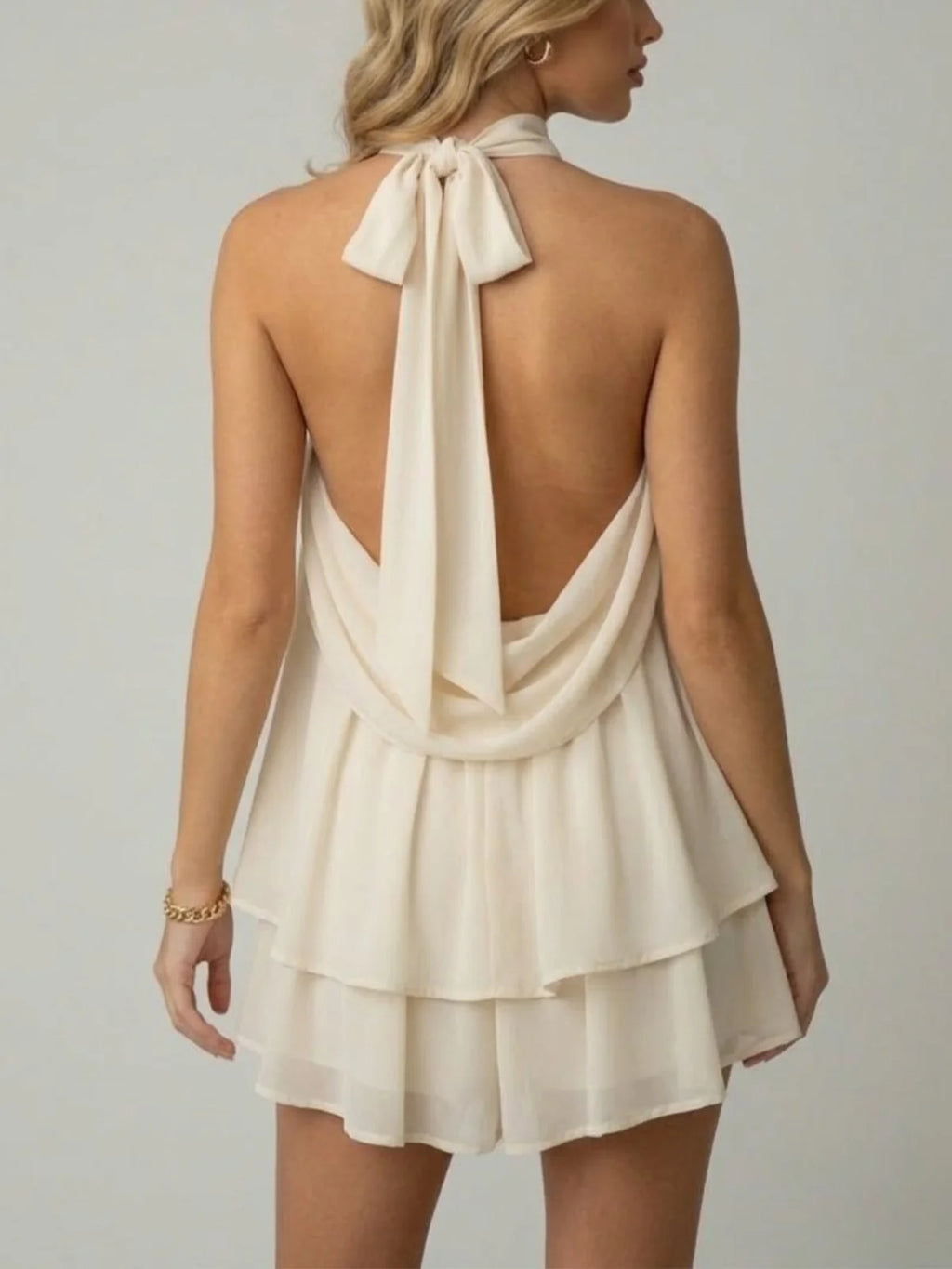 Robe mini sans manches à col licou pour femme avec ourlet à double volant