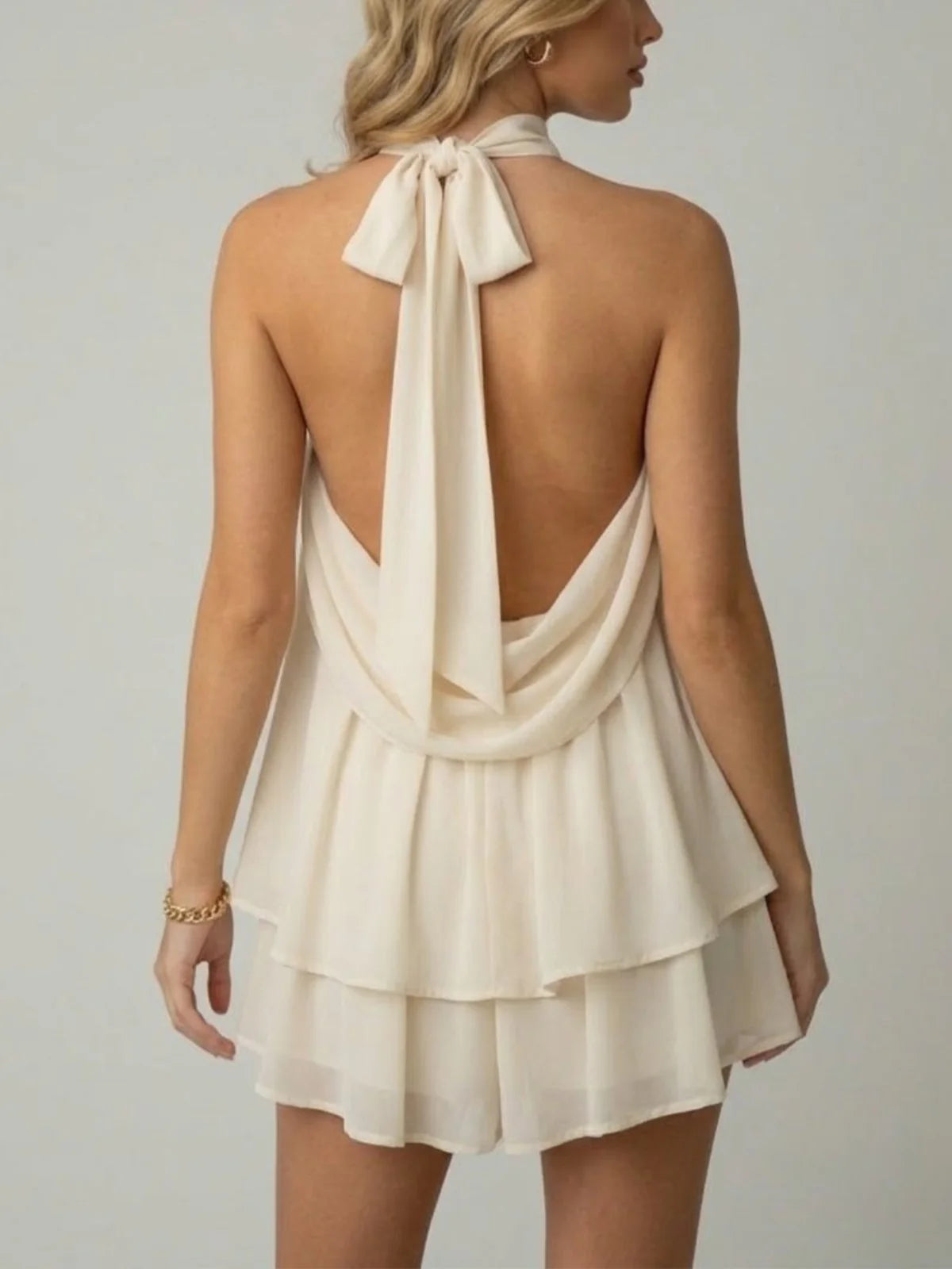 Robe mini sans manches à col licou pour femme avec ourlet à double volant