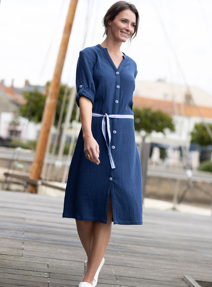 Robe femme en gaze de coton bleu indigo