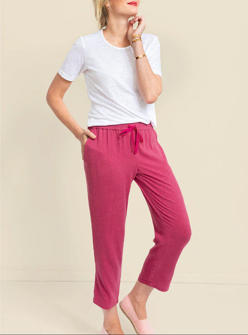 Pantacourt fluide femme en lin rose magenta