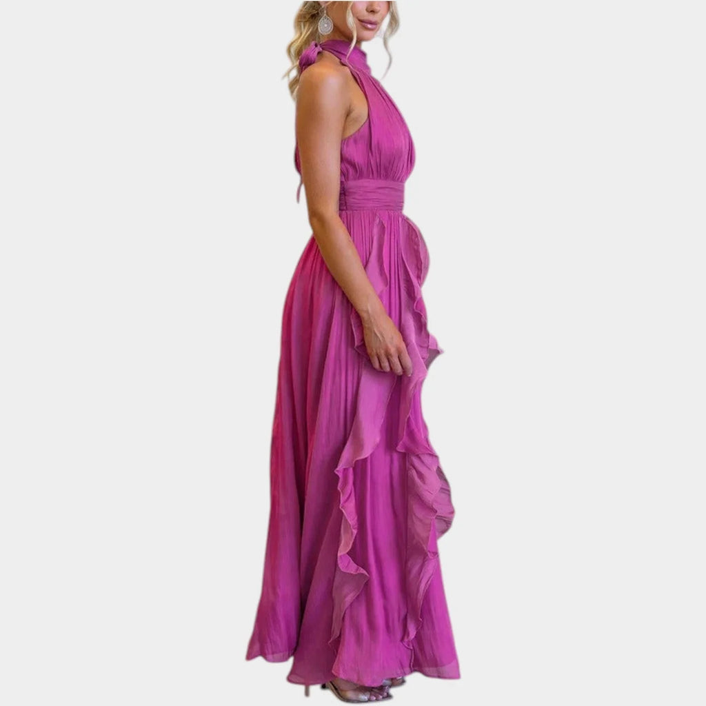 Robe longue élégante à col licou avec volants pour femme