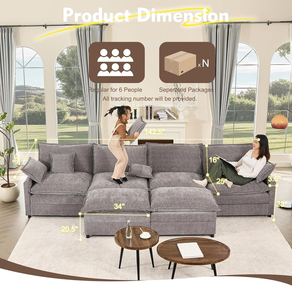 108 U Shaped Couch, Modular Sectional Sofa, 3-Seater Comfy Cloud Couch with Movable Ottoman, Deep Seat Couches for Living Room, Chenille, Slate