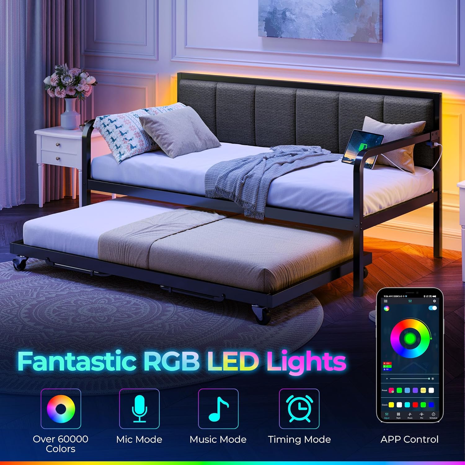 Rolanstar Daybed with Charging Station and LED Lights Height Adjustable Twin Daybed