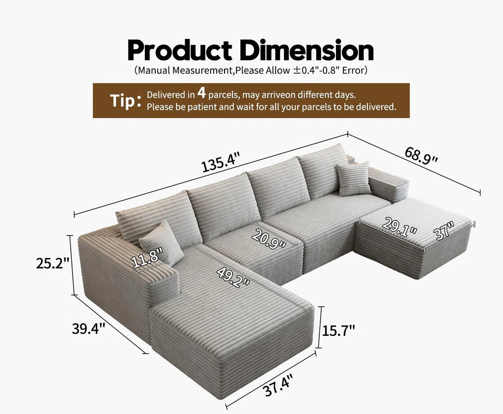 107.5 Cloud Modular Sectional Sofa Couch with L-Shape Chaise,Modern Minimalist Upholstered Couches for Living Room Bedroom,Deep Seat Corner Couch，No Assembly Required (Black,Left Facing Chaise)