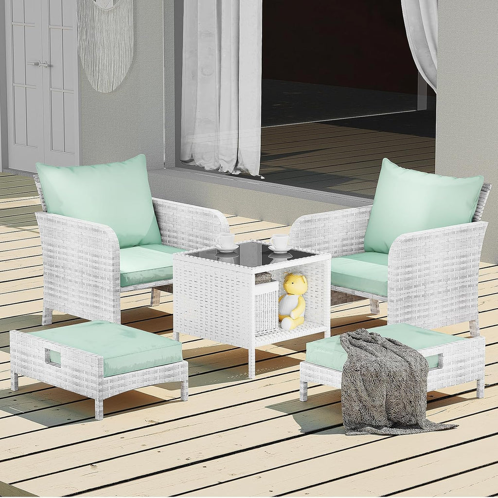LEVELEVE Balcony Furniture 5 Piece Patio Conversation Set, PE Wicker Rattan Outdoor Lounge Chairs with Soft Cushions 2 Ottoman&Glass Table for Porch, Lawn-Brown Wicker