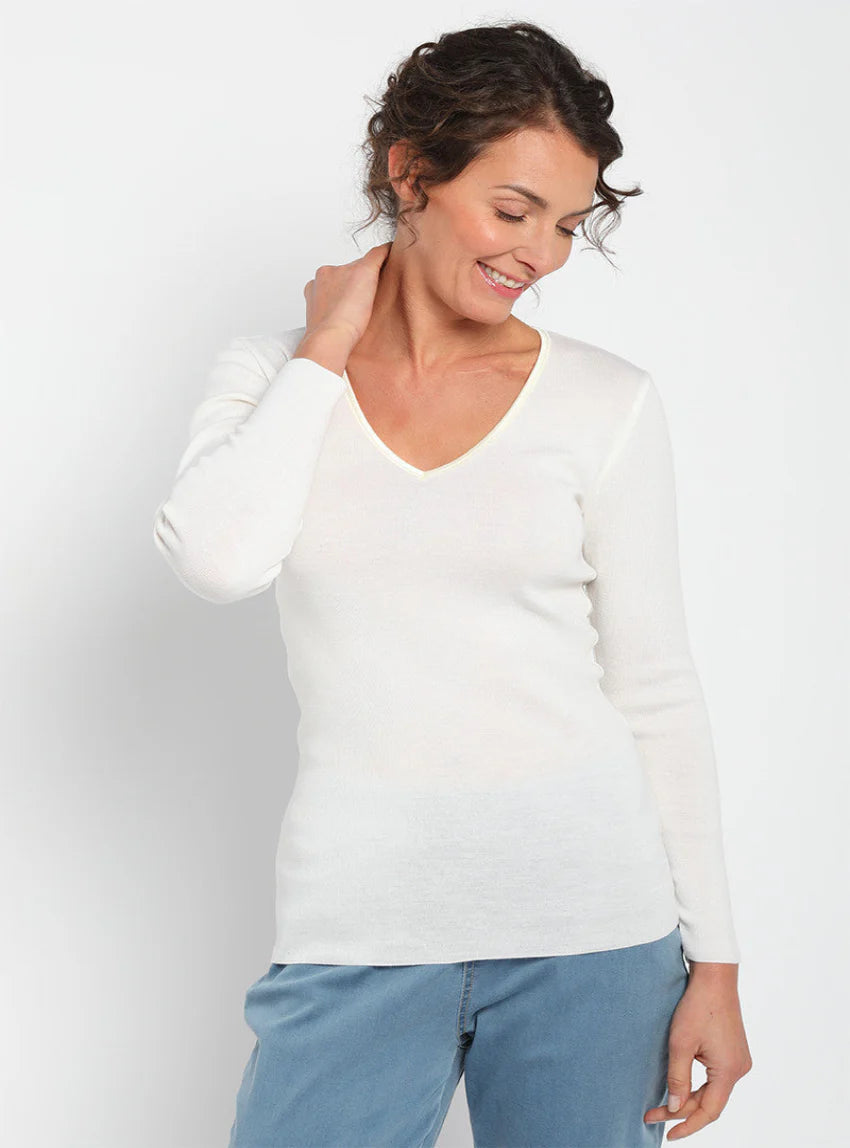 Tee Shirt femme laine mérinos manches longues col V  Blanc naturel
