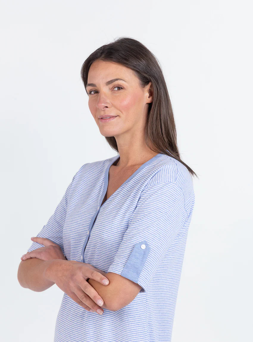 Chemise de nuit femme en coton rayé bleu