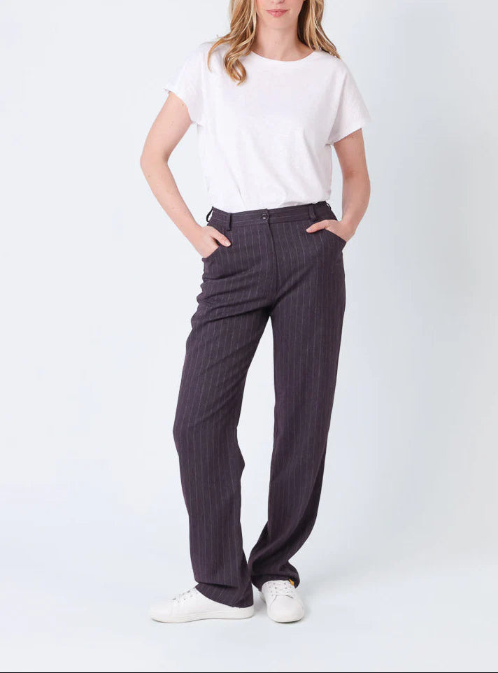 Pantalon femme violet prune rayé