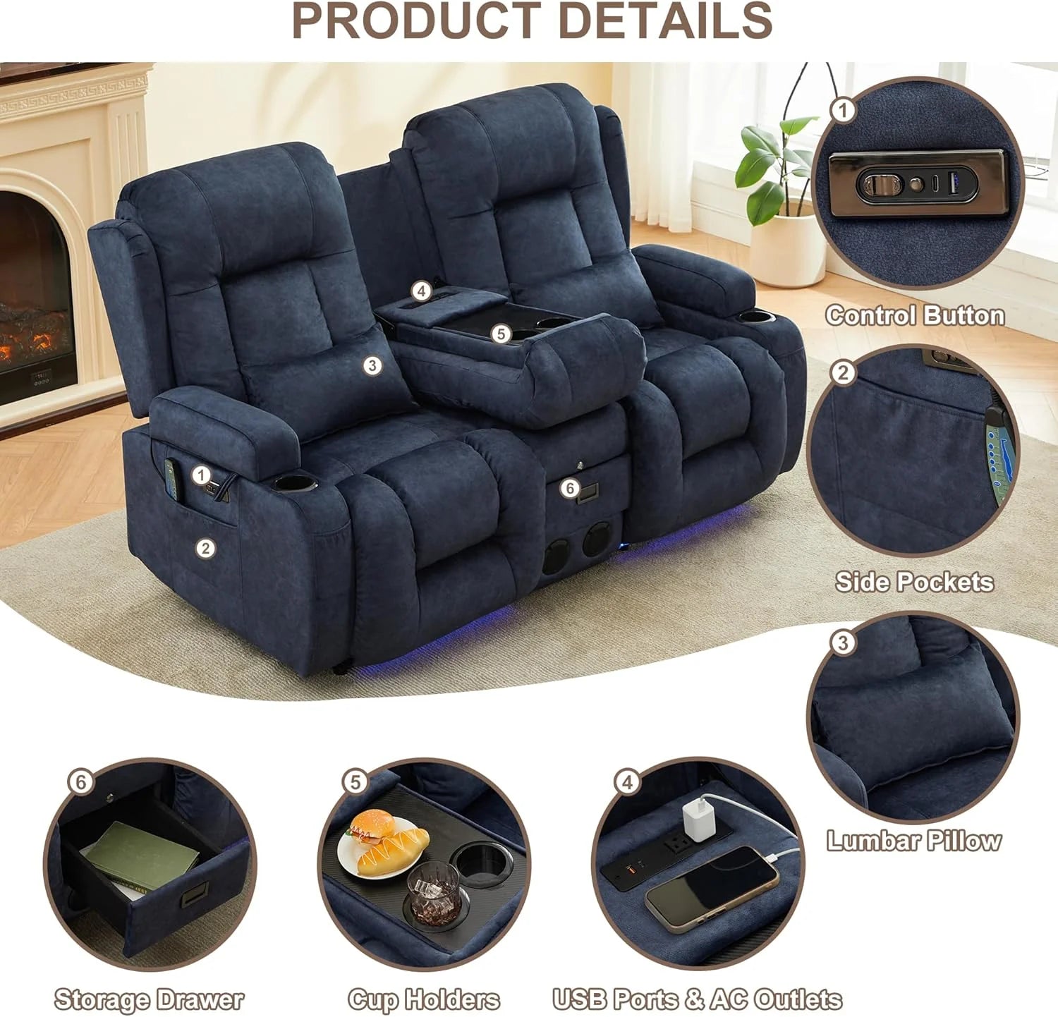 TUNYI Power Loveseat Recliner Sofa with Massage & Heat Home Theater Seating with Console Electric Recliner RV Sofa with USB/Outlet/Storage/Side Pocket/LED Light/Speaker (Brown, Loveseat)