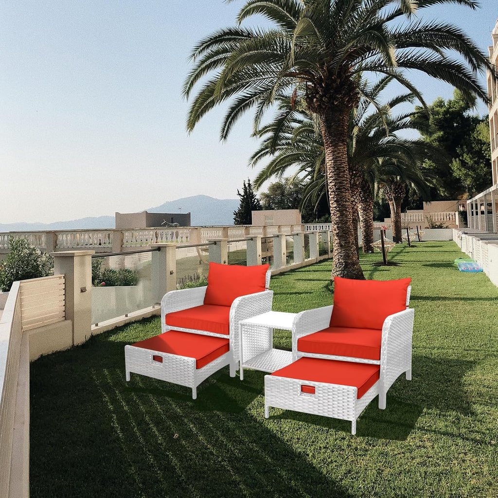 LEVELEVE Balcony Furniture 5 Piece Patio Conversation Set, PE Wicker Rattan Outdoor Lounge Chairs with Soft Cushions 2 Ottoman&Glass Table for Porch, Lawn-Brown Wicker