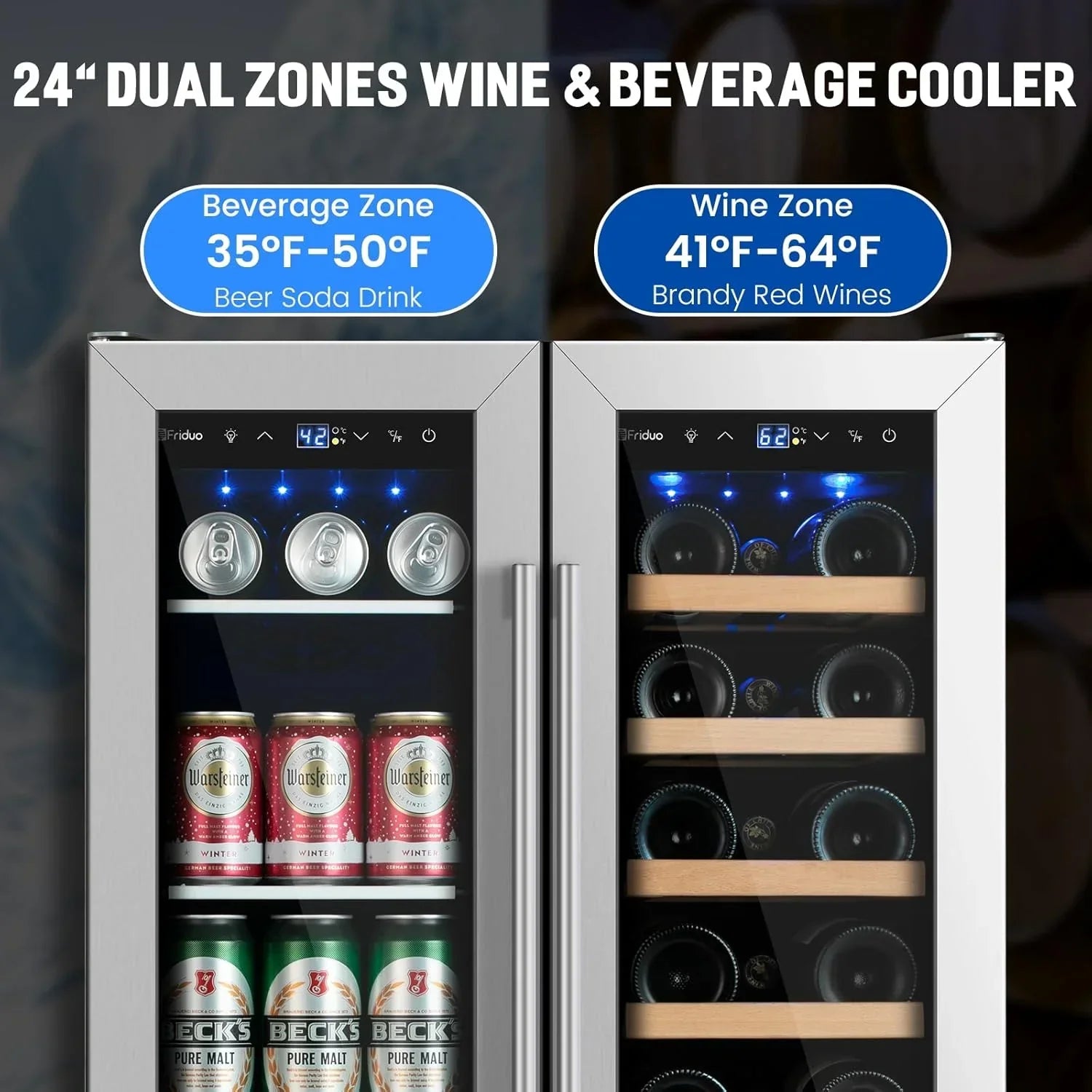 24 inch Dual Zone Beverage Refrigerator 30 Bottles 82 Cans Wine Fridge Built-in or Freestanding