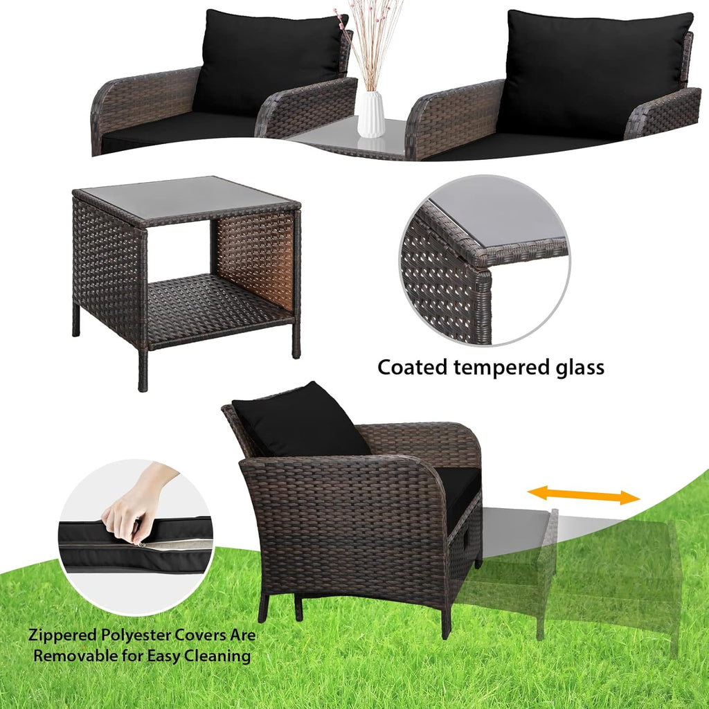 LEVELEVE Balcony Furniture 5 Piece Patio Conversation Set, PE Wicker Rattan Outdoor Lounge Chairs with Soft Cushions 2 Ottoman&Glass Table for Porch, Lawn-Brown Wicker