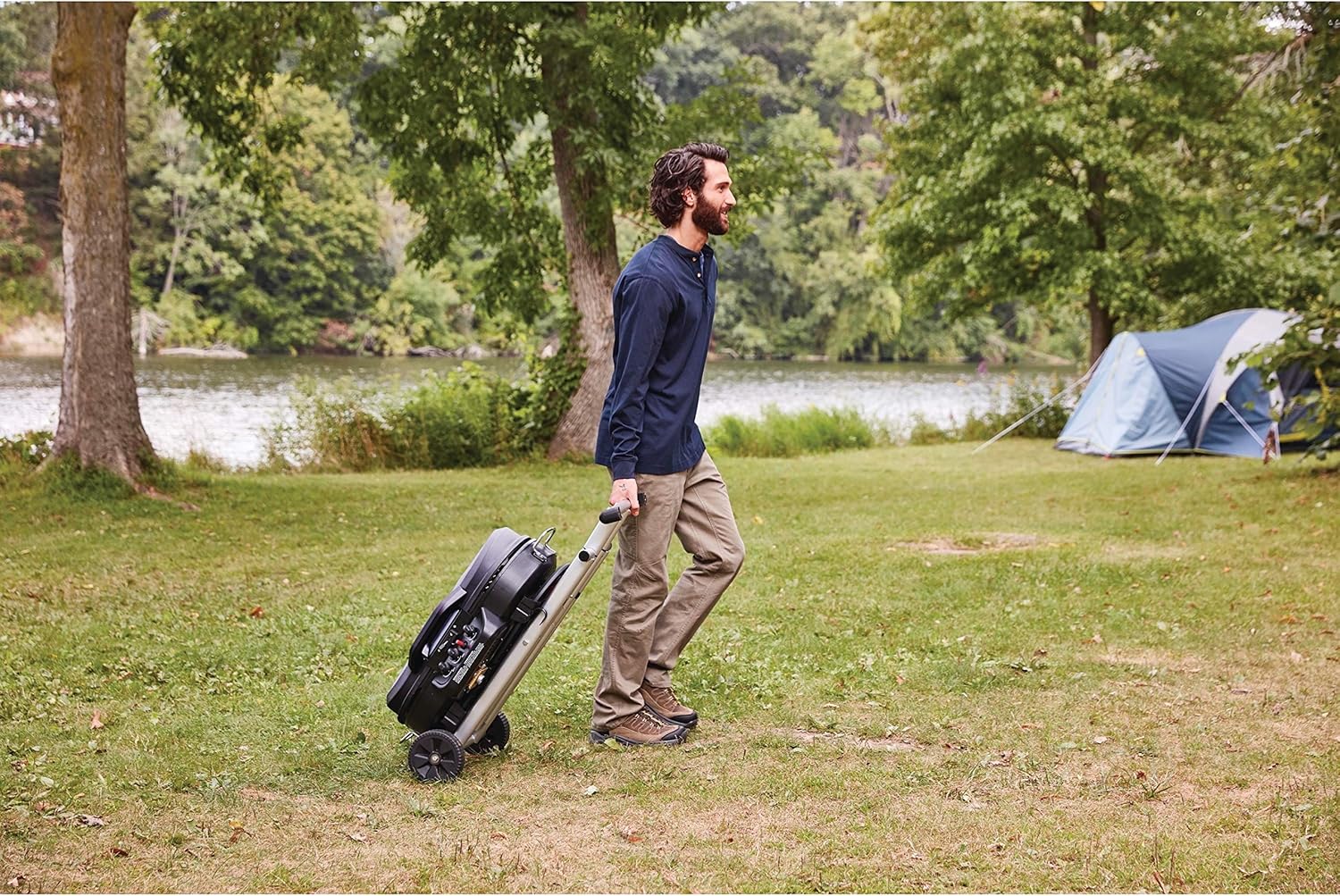 RoadTrip 285 Portable Stand-Up Propane Grill with 3 Adjustable Burners Instastart Ignition 20,000 BTUs