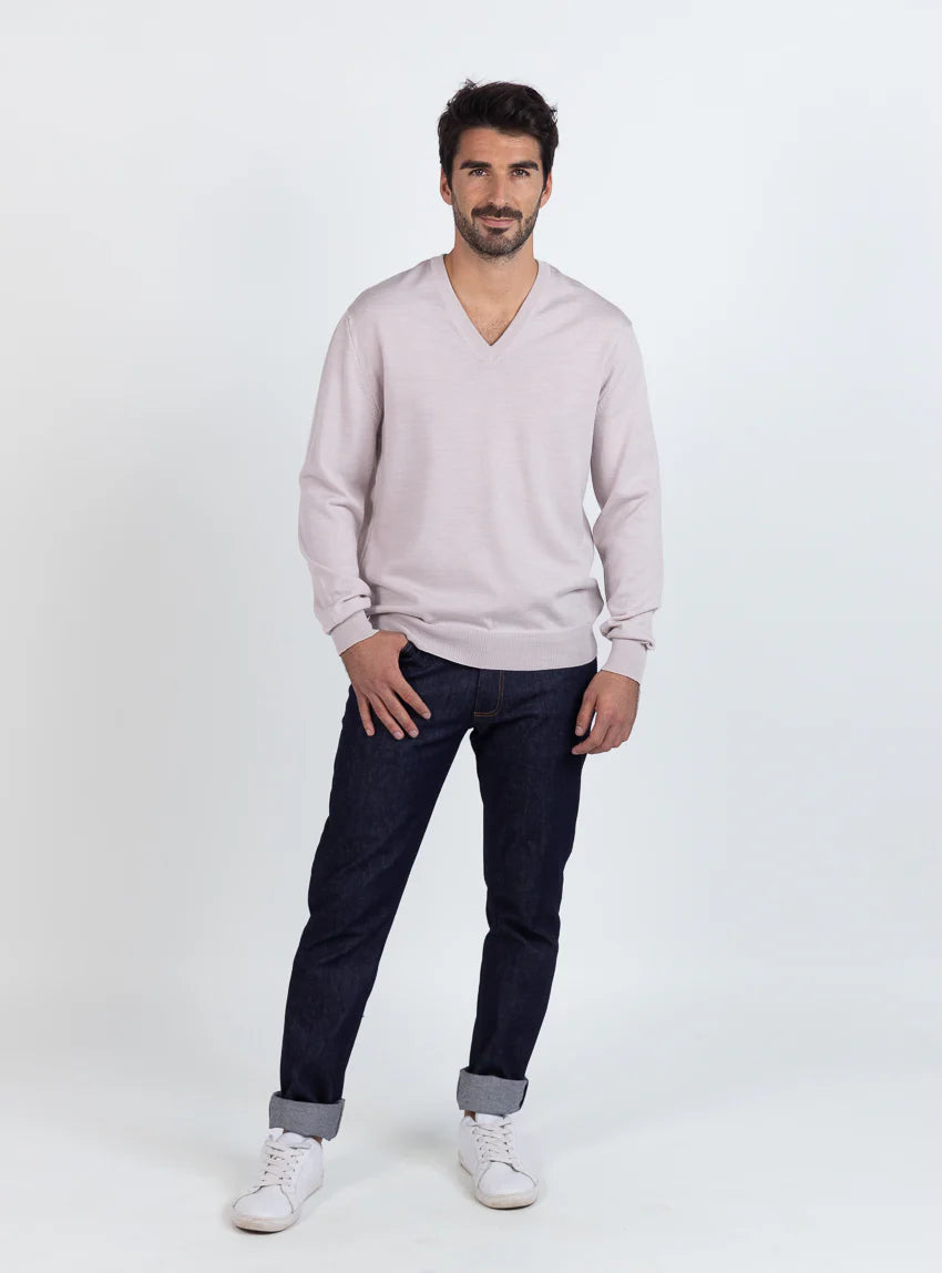Pull homme col V 100% mérinos beige naturel