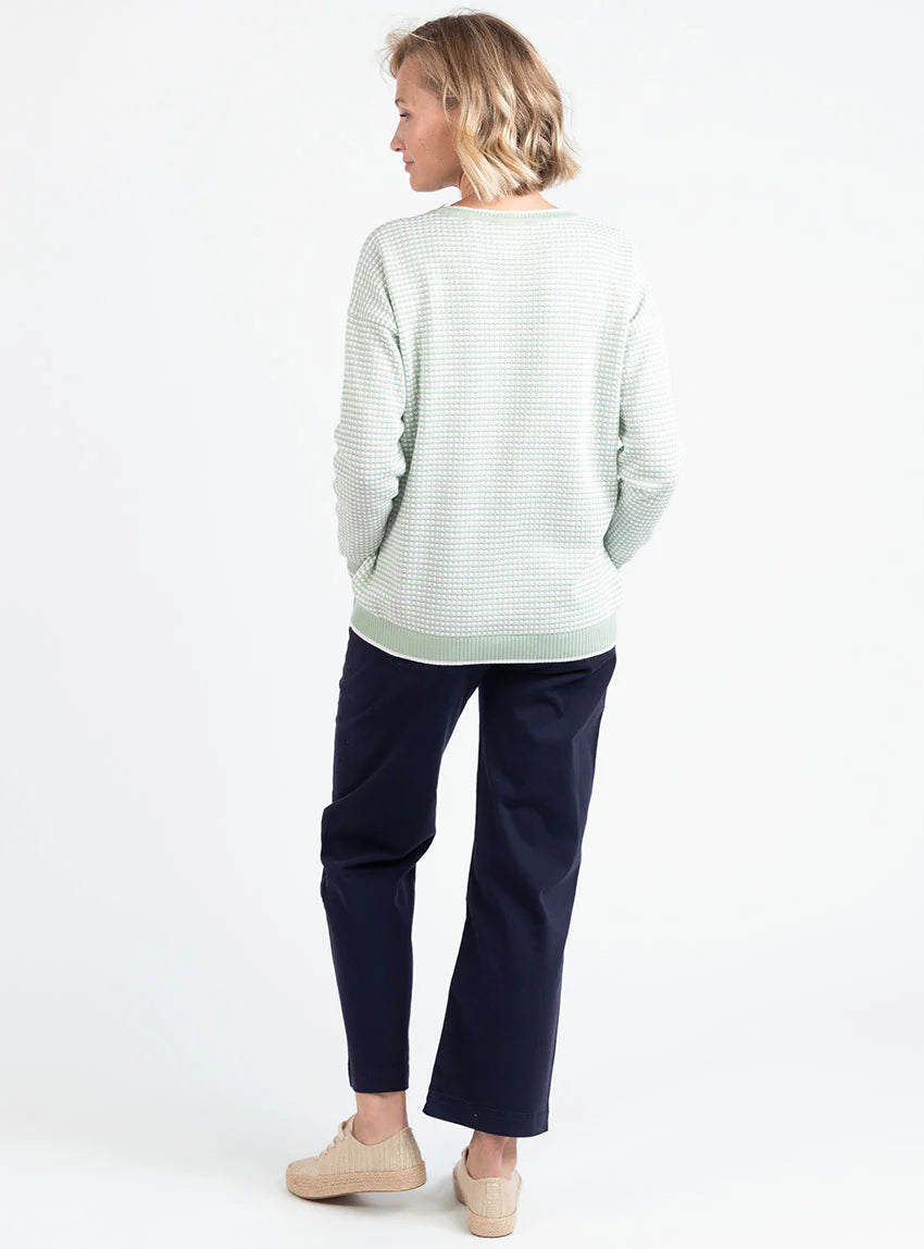 Pull femme bicolore en coton vert amande esprit vichy
