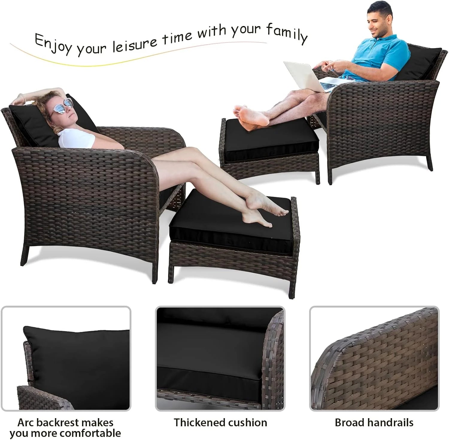 LEVELEVE Balcony Furniture 5 Piece Patio Conversation Set, PE Wicker Rattan Outdoor Lounge Chairs with Soft Cushions 2 Ottoman&Glass Table for Porch, Lawn-Brown Wicker