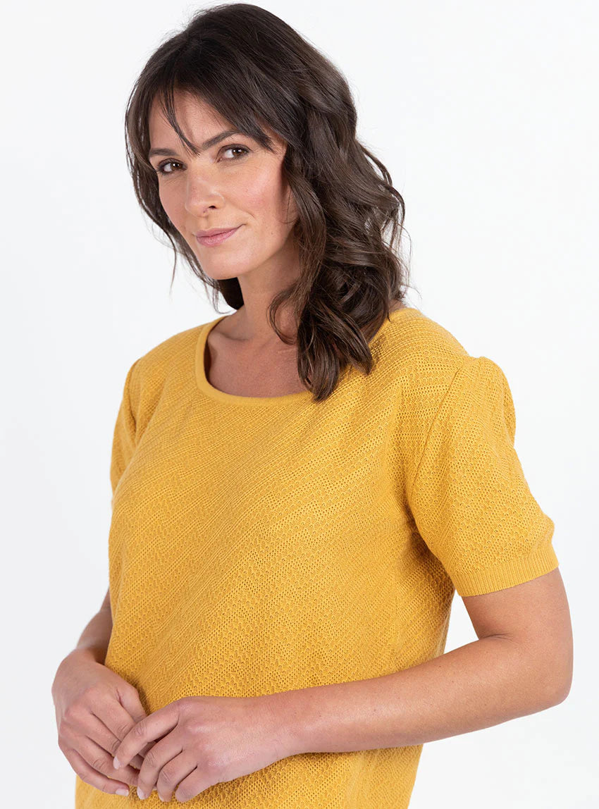 Pull femme manches courtes coton jaune safran
