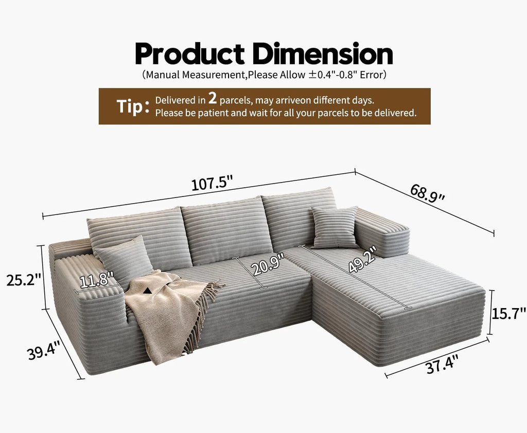 107.5 Cloud Modular Sectional Sofa Couch with L-Shape Chaise,Modern Minimalist Upholstered Couches for Living Room Bedroom,Deep Seat Corner Couch，No Assembly Required (Black,Left Facing Chaise)