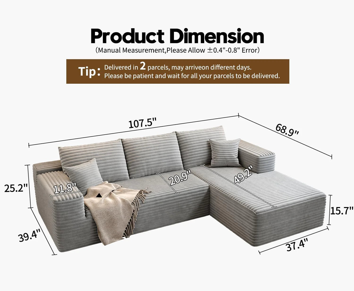 107.5 Cloud Modular Sectional Sofa Couch with L-Shape Chaise,Modern Minimalist Upholstered Couches for Living Room Bedroom,Deep Seat Corner Couch，No Assembly Required (Black,Left Facing Chaise)