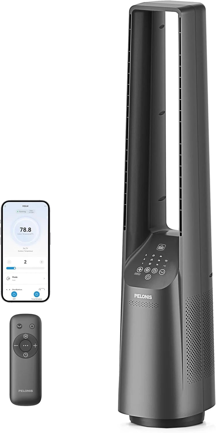 PELONIS 40 Smart Bladeless Fan for Bedrrom - Tower Fan, Alexa/Google/WiFi, DC Motor, 6 Speeds, 4 Modes, Remote, 7H Timer, 90° Oscillation, Safe for Home and Office