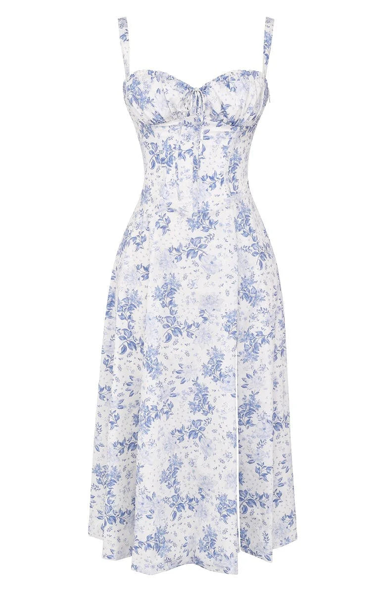 Robe moulante bustier à fleurs et taille découverte
