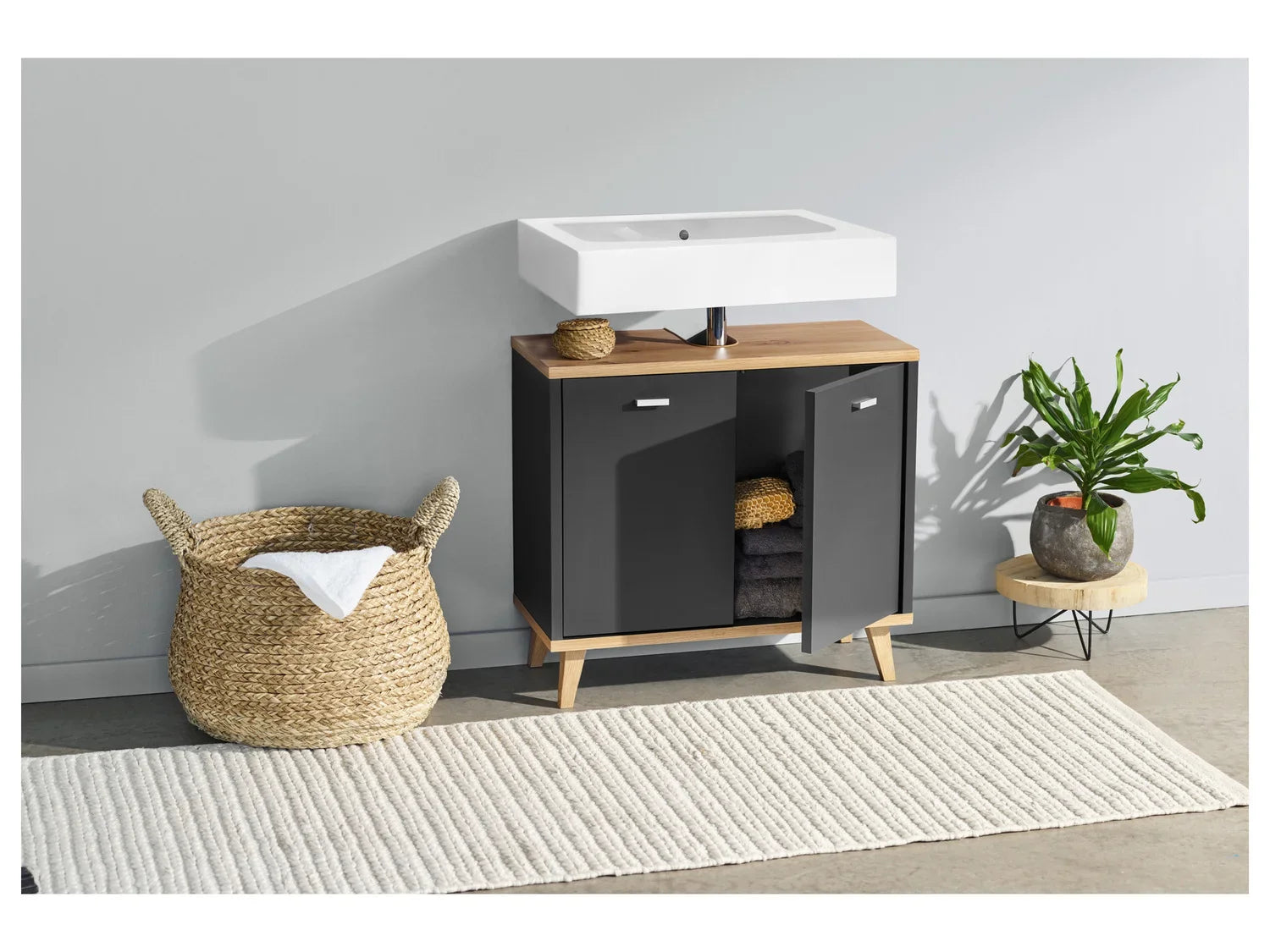 LIVARNO home Meuble sous vasque Corfou, 60 x 55 x 28 cm, anthracite/imitation chne