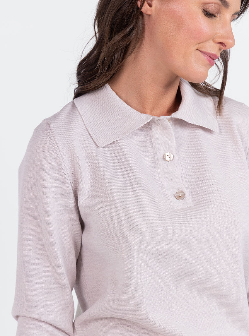 Pull femme col polo en laine beige naturel