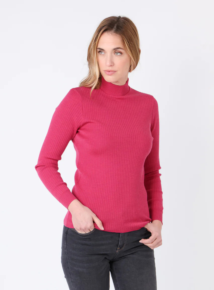 Pull chaussette femme col cheminee laine mérinos Rose géranium