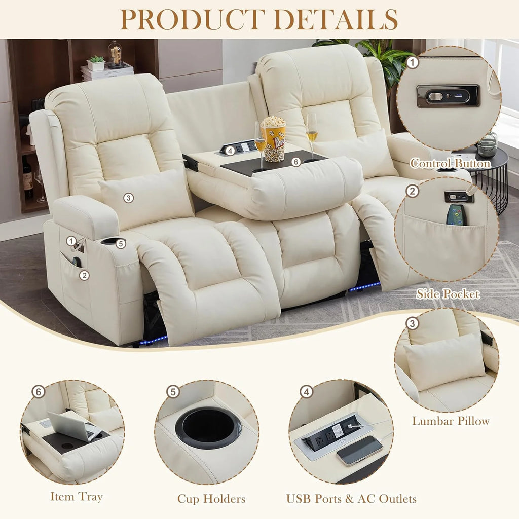 TUNYI Power Loveseat Recliner Sofa with Massage & Heat Home Theater Seating with Console Electric Recliner RV Sofa with USB/Outlet/Storage/Side Pocket/LED Light/Speaker (Brown, Loveseat)