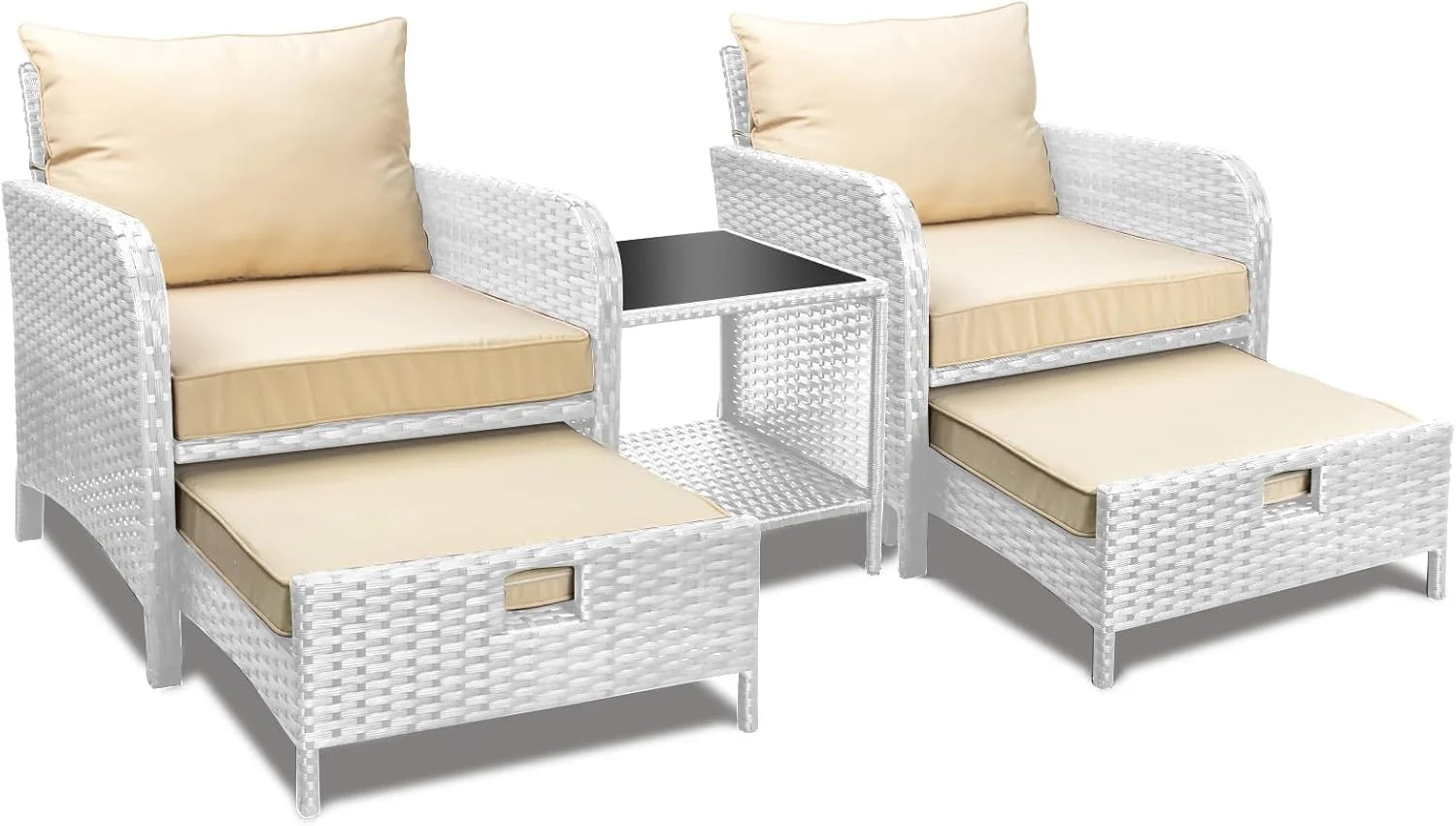 LEVELEVE Balcony Furniture 5 Piece Patio Conversation Set, PE Wicker Rattan Outdoor Lounge Chairs with Soft Cushions 2 Ottoman&Glass Table for Porch, Lawn-Brown Wicker