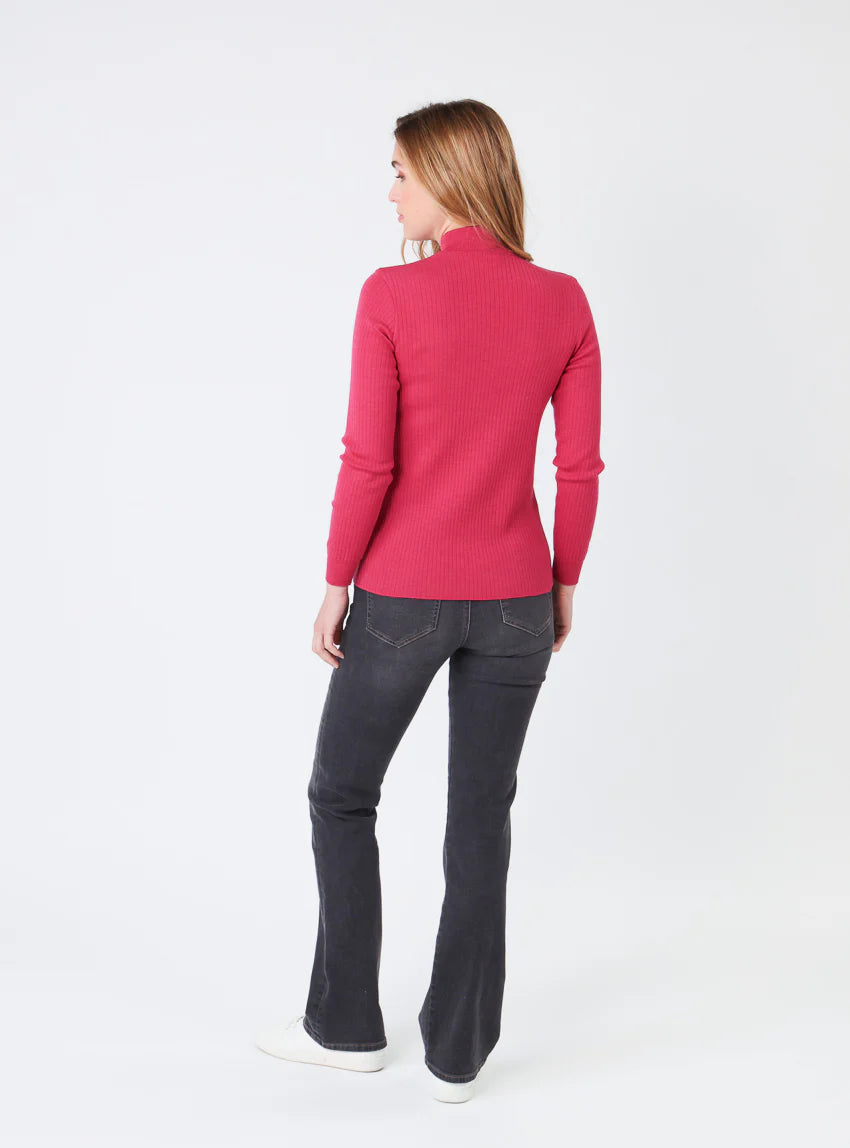 Pull chaussette femme col cheminee laine mérinos Rose géranium