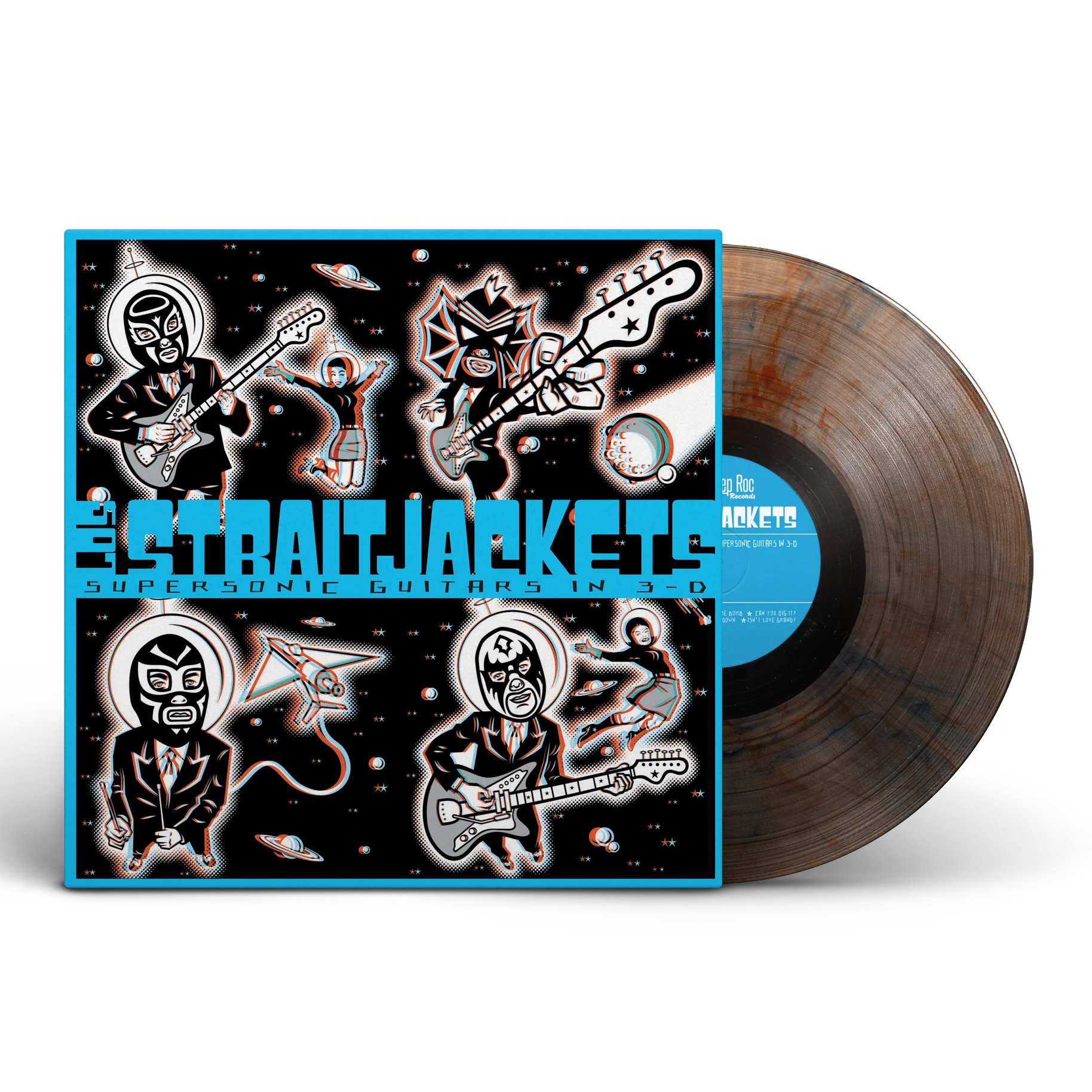 LOS STRAITJACKETS - SUPERSONIC GUITARS IN 3-D - LIMITED EDITION - CLEAR W/ RED & BLUE SWIRL COLOR - VINYL LP