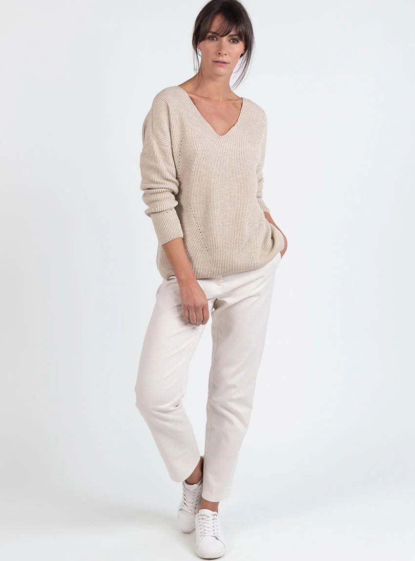 Pull femme maille ajourée coton beige lin