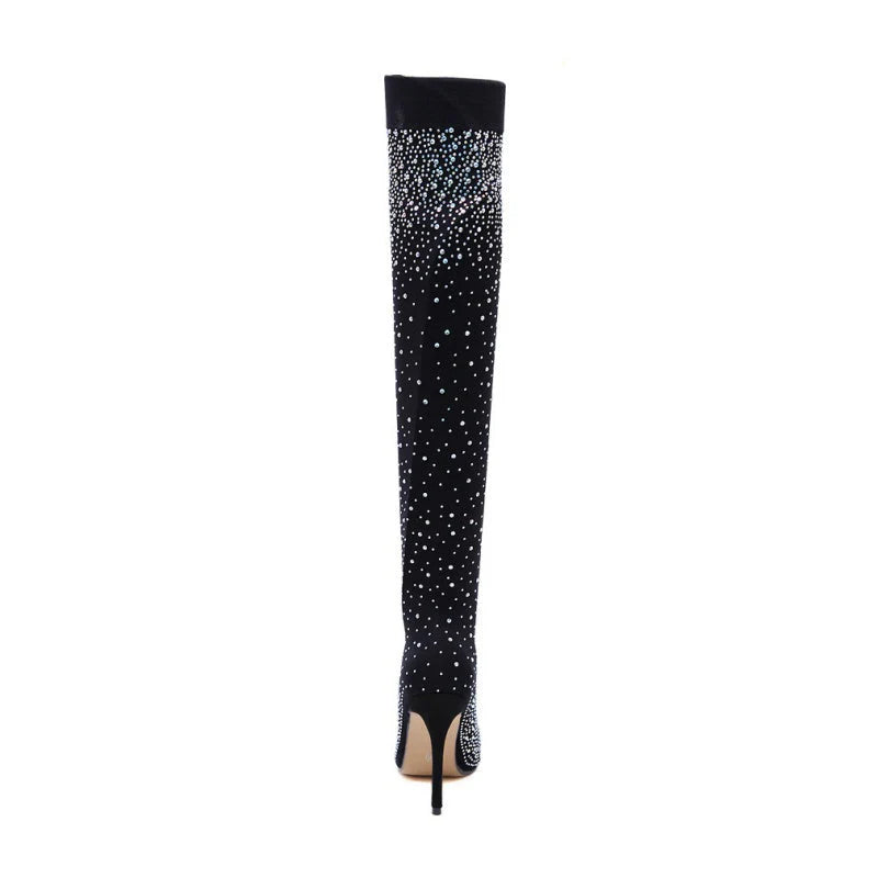 Bottes mi-cuisses étincelantes en faux diamant