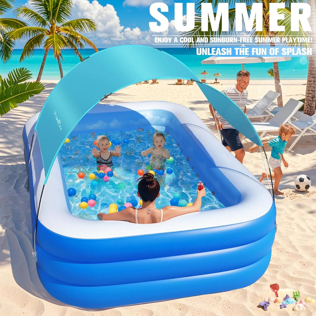 Inflatable Pool with Canopy,Upgraded Inflatable Swimming Pool for Kids,Adult,Large Inflatable Blow up Pools,Ocean Theme Oversized Thickened 105x75x25Inflatable Family Pools for Backyard-Blue