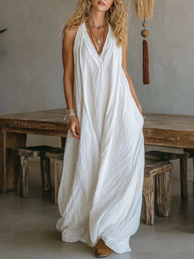 Robe longue fluide élégante sans manches à col en V