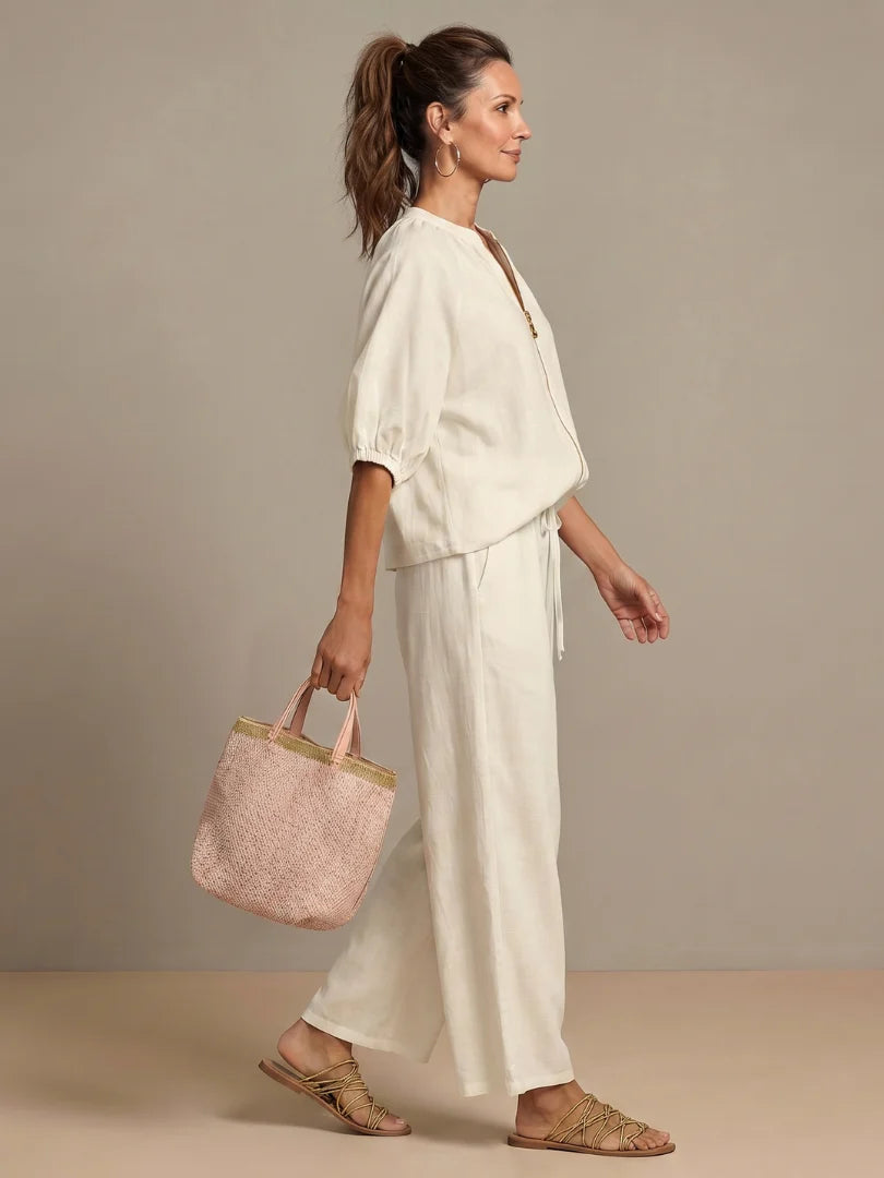 Ensemble blouse zippée et pantalon à jambes larges pour femme