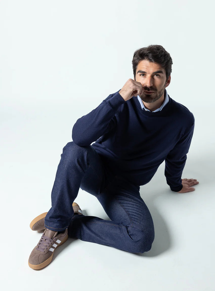 Pull homme col rond laine merinos Bleu Marine