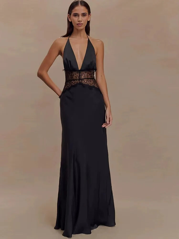 Robe Maxi Dos Nu à Panneaux en Dentelle et Col Halter