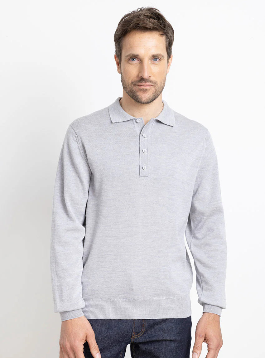 Pull homme col polo en laine gris givré