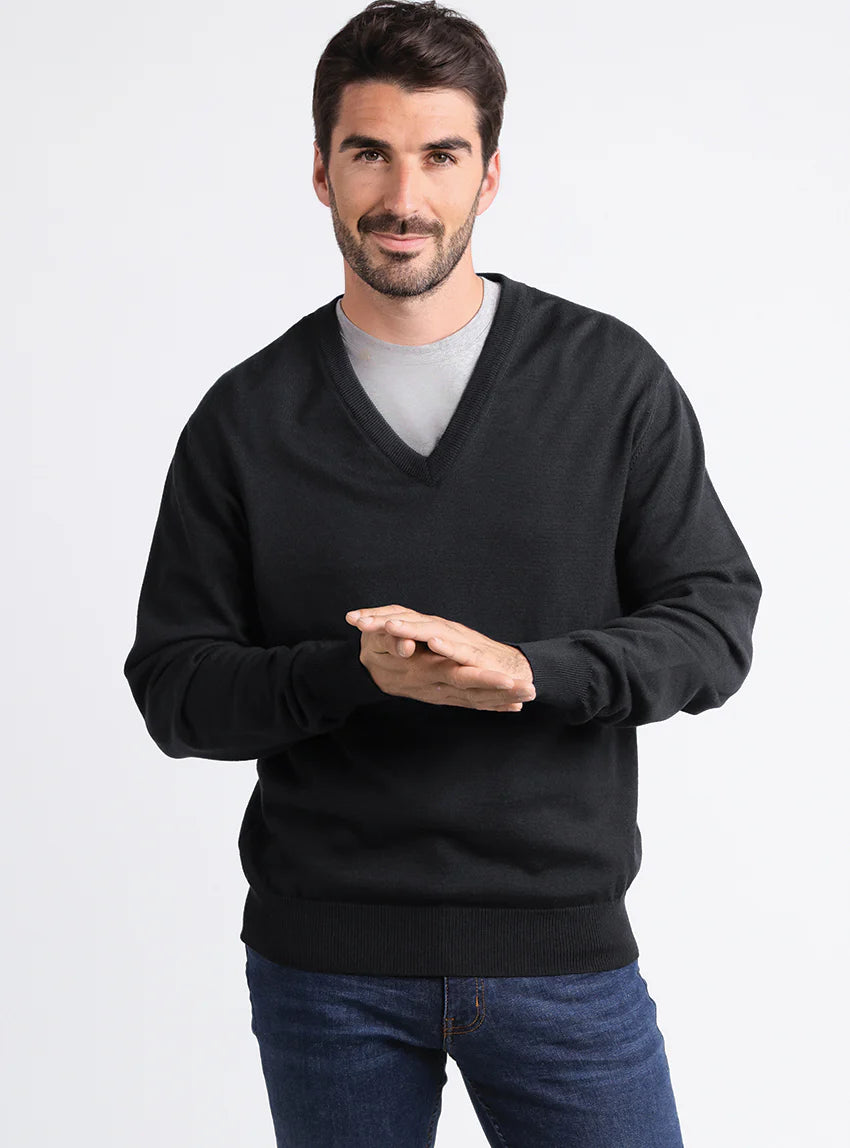 Pull homme col v  100% laine mérinos Noir