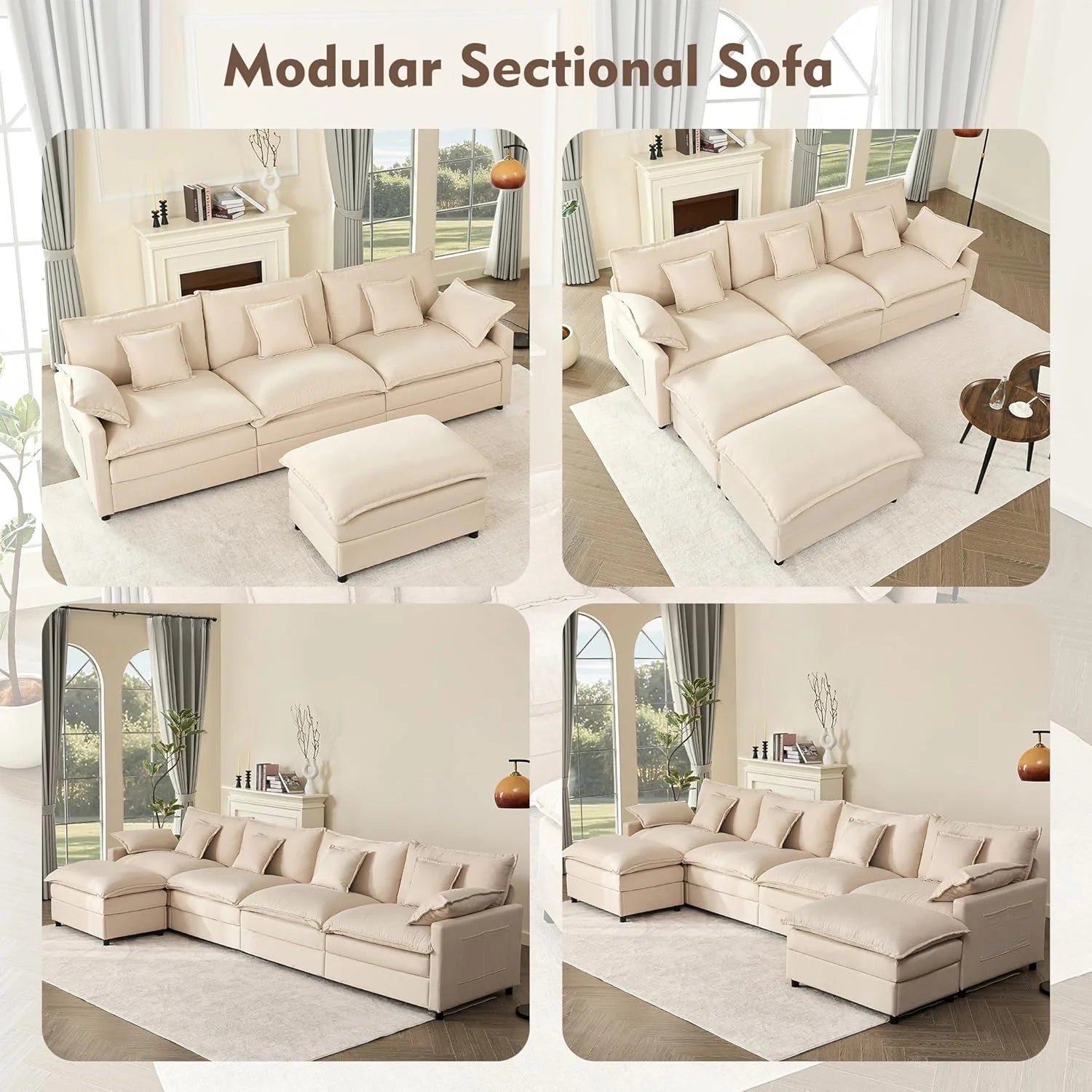 108 U Shaped Couch, Modular Sectional Sofa, 3-Seater Comfy Cloud Couch with Movable Ottoman, Deep Seat Couches for Living Room, Chenille, Slate