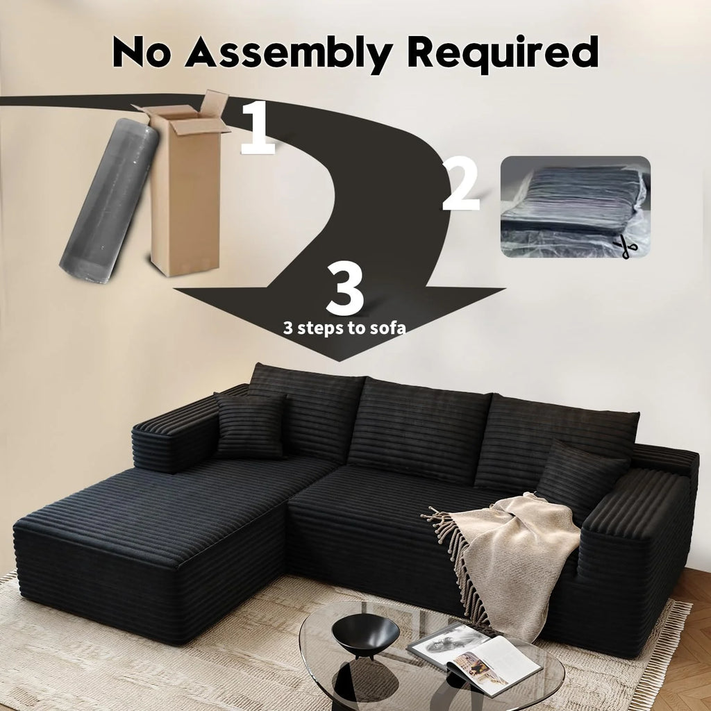 107.5 Cloud Modular Sectional Sofa Couch with L-Shape Chaise,Modern Minimalist Upholstered Couches for Living Room Bedroom,Deep Seat Corner Couch，No Assembly Required (Black,Left Facing Chaise)